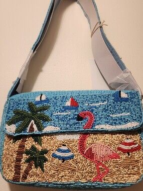 Collection XIIX Beaded Flamingo Beach Scene Shoulder Bag Blue & Pink